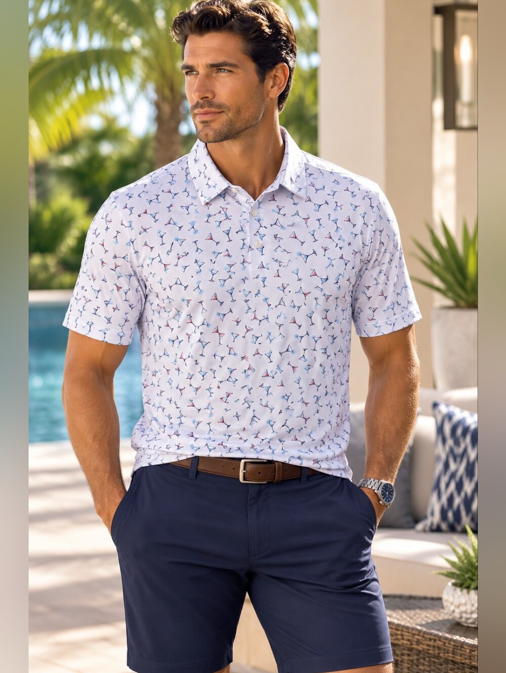 NWT! Ben Hogan Men's White Cocktail Glass Print Performance Polo Shirt Size XL🍸